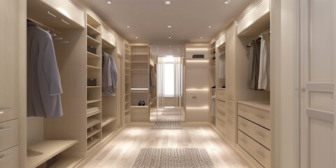 A large walk in closet with a lot of clothes and shelves