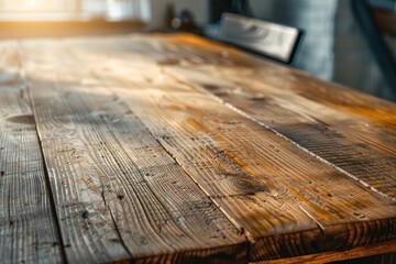 Closeup of wooden table with sunlight streaming through window in background, creating warm and inviting atmosphere