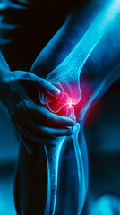Blue x-ray photograph of knee pain, pain glows red. Trauma concept. Medical checkup. Generative AI - obrazy, fototapety, plakaty