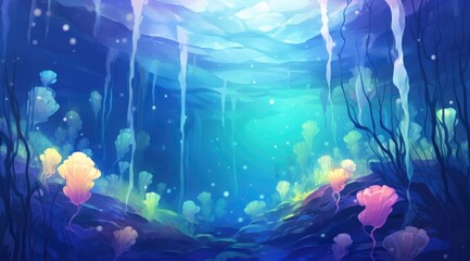 Serene lagoon aglow with luminescent jellyfish, a seasonal spectacle of light - obrazy, fototapety, plakaty