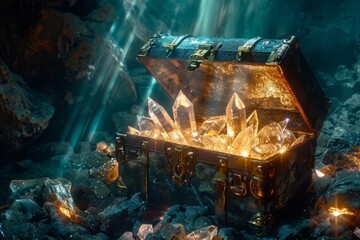 A wooden treasure chest full of glowing crystals
