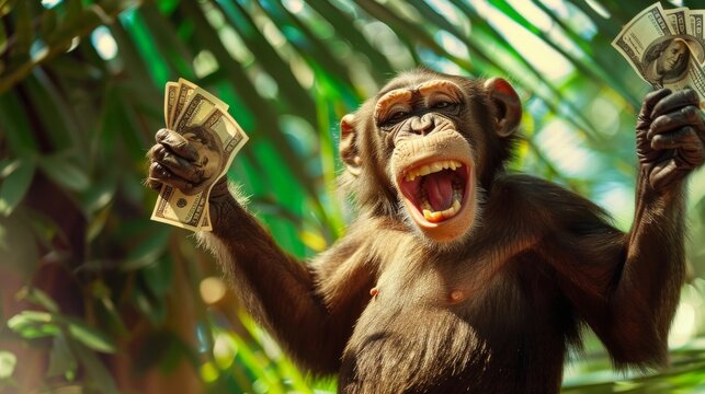 Chimpanzee with money in his hands against a jungle backdrop