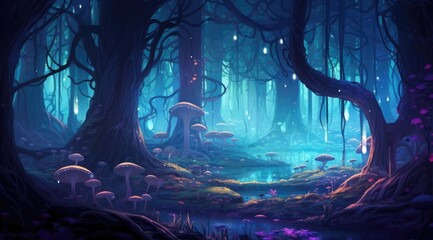 Enchanted woodland hollow aglow with mystical mushrooms