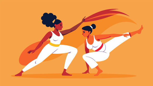 The fluid and graceful movements of capoeira are on full display as two women engage in a game of combat displaying their strength and finesse