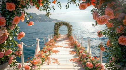 A wooden dock juts out into the ocean. The dock is covered in pink and orange rose petals. At the end of the dock is a floral arch. - obrazy, fototapety, plakaty