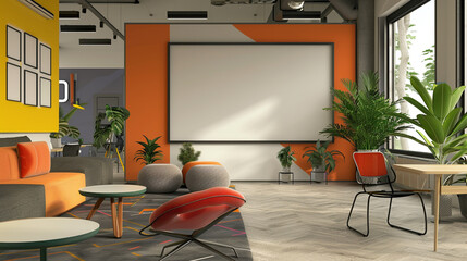 Contemporary office environment with bright accents and a blank white frame on the wall, ready for inspiration.