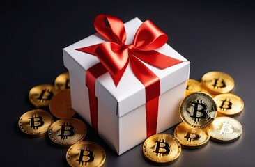 A white gift box with a red ribbon and gold coins with the Bitcoin logo lie around.