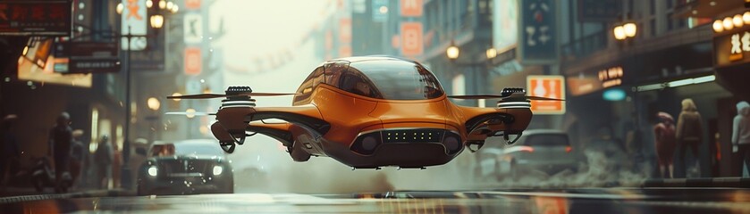 A transportation company invests in the development of autonomous flying taxis to alleviate traffic congestion and provide efficient urban mobility - obrazy, fototapety, plakaty