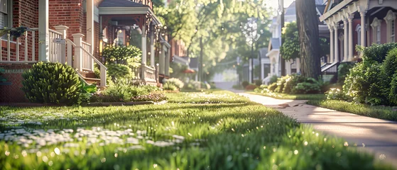 Foto auf Acrylglas Antireflex Scenic Suburban Street with Lush Green Lawns and Trees, Bright Sunny Day, Peaceful Residential Neighborhood © Taslima
