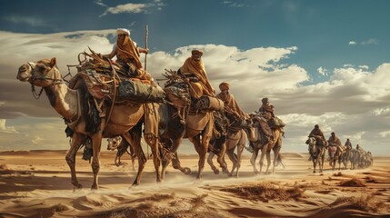 horses in the desert - obrazy, fototapety, plakaty