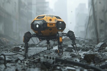 A yellow robot with spider-like legs walks through a destroyed city.