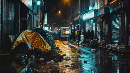 Makeshift camp of homeless people on city streets, rainy night - obrazy, fototapety, plakaty