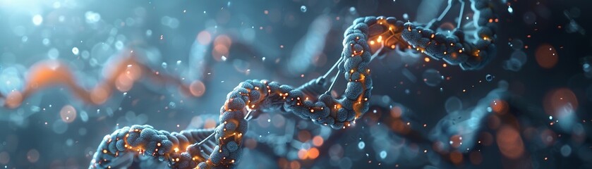 Blue glowing double helix with glowing orange particles - obrazy, fototapety, plakaty