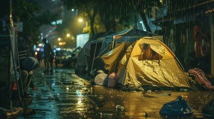 Makeshift camp of homeless people on city streets, rainy night