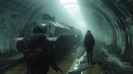 A group of survivors in the abandoned old giant huge metro underground with a abandoned military vehicles, foggy, golden hour. Generative AI.