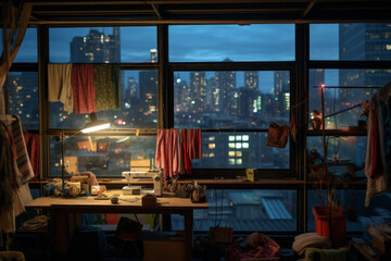 Empty sewing studio interior or workshop with a lot of junk and clutter. Night, panoramic windows overlooking the city's downtown.