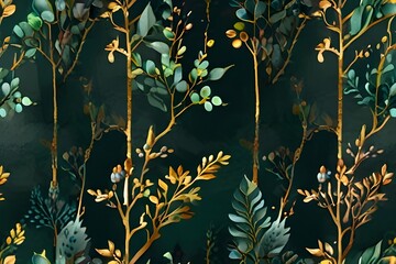 Luxury watercolor background with golden branches and leaves in line art style. Botanical abstract green wallpaper for banner design, textile, print, decor. Generator AI 