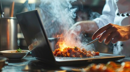 A skilled chef is flambeing a chicken dish, creating a dramatic fire display in a bustling professional kitchen environment.