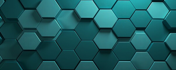 Teal background with hexagon pattern, 3D rendering illustration. Abstract teal wallpaper design for banner, poster or cover with copy space