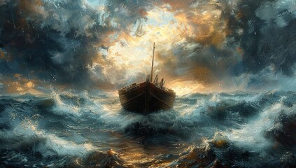Obraz premium Stormy Seas: Noah's Ark Floating Amidst Turbulent Waters. Biblical Artistic Interpretation