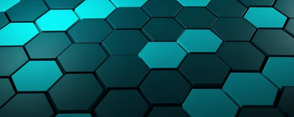 Fotobehang Teal background with hexagon pattern, 3D rendering illustration. Abstract teal wallpaper design for banner, poster or cover with copy space © Lenhard