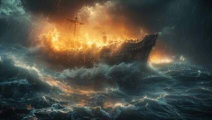 Stormy Seas: Noah's Ark Floating Amidst Turbulent Waters. Biblical Artistic Interpretation - obrazy, fototapety, plakaty