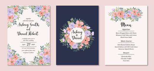 wedding invitation set with purple peach floral watercolor