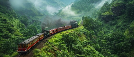 A train ride through the misty mountains - obrazy, fototapety, plakaty