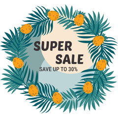 Handdrawn banner for summer sale. Vector design with palm leaves and pineapples.