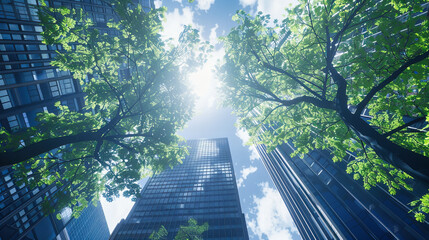 Skyscrapers Tower Over Tokyo, Reflecting Sunlight in Modern Urban Landscape, Blue Sky Background