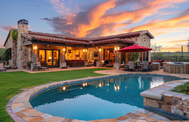 the backyard and pool area at sunset in Arizona, featuring an elegant house with traditional stucco walls, dark windows, light wood accents, stone fire pit, red umbrella, outdoor dining table, lawn