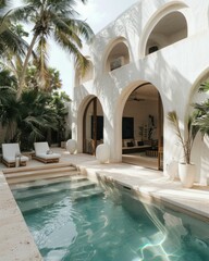 Luxurious Outdoor Pool Oasis with Palm Trees and Loungers in Front of a White House