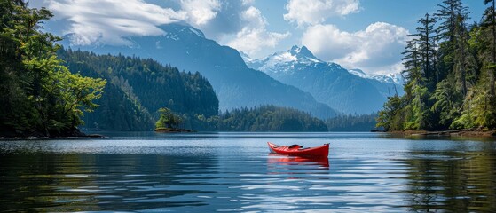 A red kayak sits in a calm lake surrounded by snow-capped mountains and evergreen trees. - obrazy, fototapety, plakaty