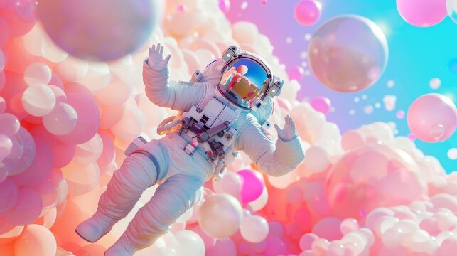 Party creative pastel colorful concept of astronaut, cyborg in space suit flying on balls and balloons. Abstract pastel party. Illustration.