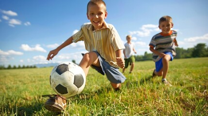 Obraz premium A happy young boy playing soccer with friends on a grassy field, kicking the ball with energy and enthusiasm