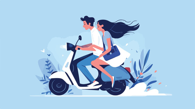 Guy and the girl couple are riding the moto scooter