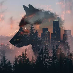 Deurstickers Double exposure of wolf silhouette with forest landscape, jungle sunset, fascinating nature. © Mariela