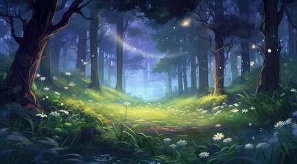 Emerald firefly glade, enchanting summer night