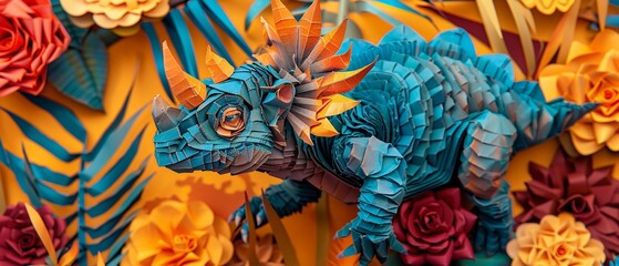 Origami art of a charming blue paper dinosaur sculpture stands out in a field of colorful flowers.