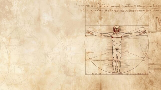 Sketch of Leonardo da Vinci's Vitruvian man and engineering drawings. Italian Renaissance. Vintage brown and beige card, hand-drawn, vector. Old design. Line graphics