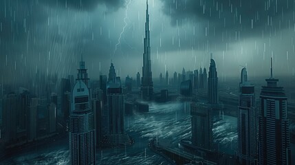 A storm and rain sweep through the city of Dubai. Generative AI.