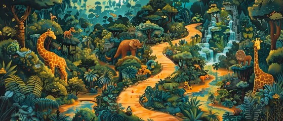A painting of a lush green jungle with a river running through it. There are many different animals in the jungle, including elephants, giraffes, lions, and tigers. The animals are all walking around
