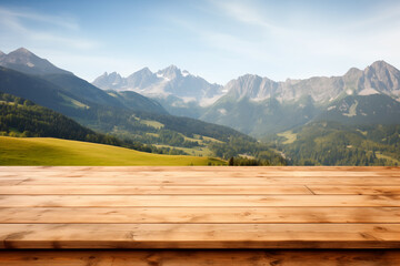 Empty wooden table for product display showcase with blurred green alpine meadows , hills and mountains background
