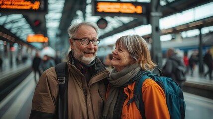 Mature couple of passengers at the train station 
