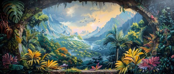 A painting of a jungle with a river running through it. There are mountains in the background and a blue sky with white clouds. The painting is done in a realistic style. - obrazy, fototapety, plakaty