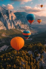 A group of hot air balloons flying over a mountain range, AI