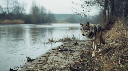 Wild Wolf Trotting Along the Weser River - obrazy, fototapety, plakaty