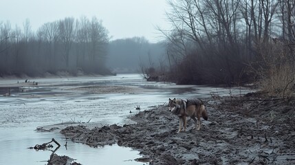 Wild Wolf Trotting Along the Weser River - obrazy, fototapety, plakaty