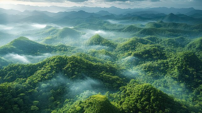 Aerial high view of a rainforest with many hills. Generative AI.