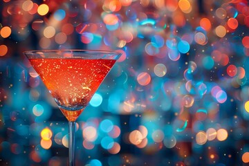 A martini glass with a red liquid and a blue background with multi-colored bokeh. - obrazy, fototapety, plakaty